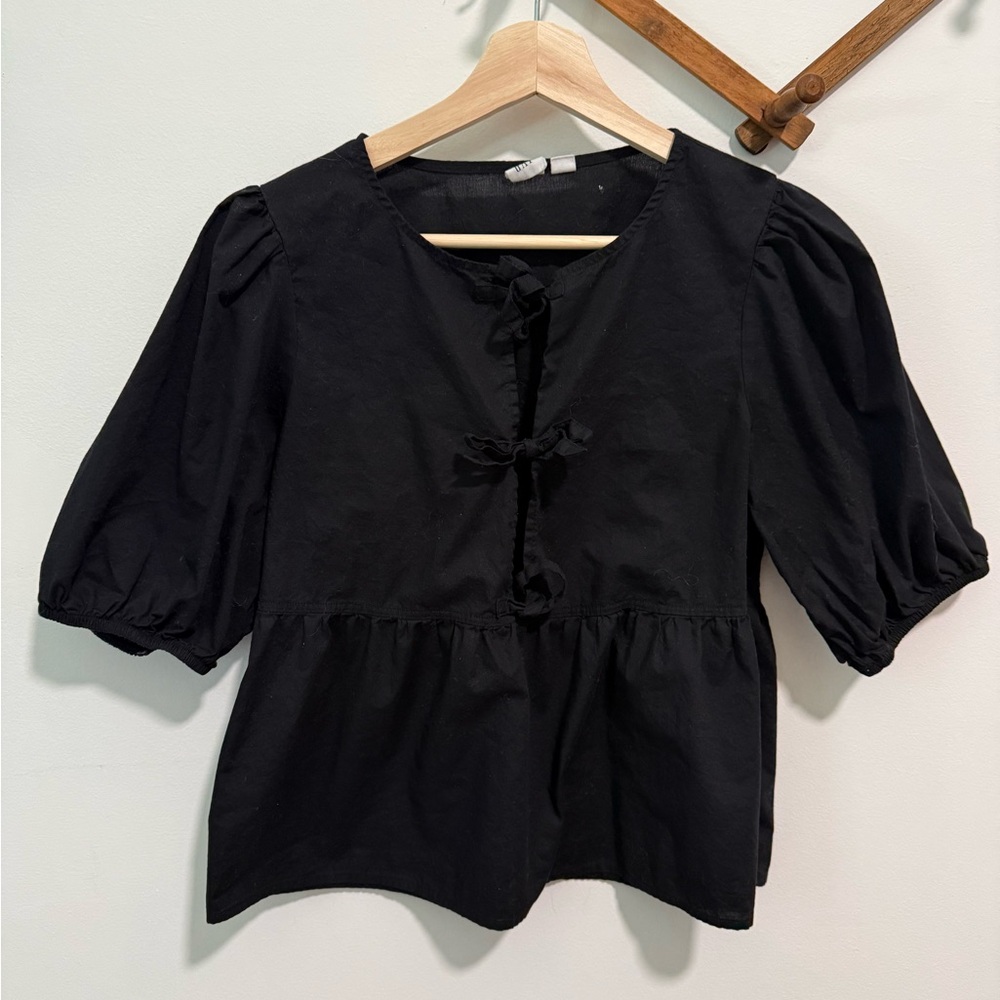 100% Cotton Black Puff Sleeve Tie-Front Top